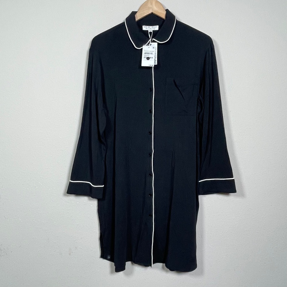 Barefoot Dreams Luxe Milk Jersey Sleep Shirt L Black Piping Cozy Lounge NEW